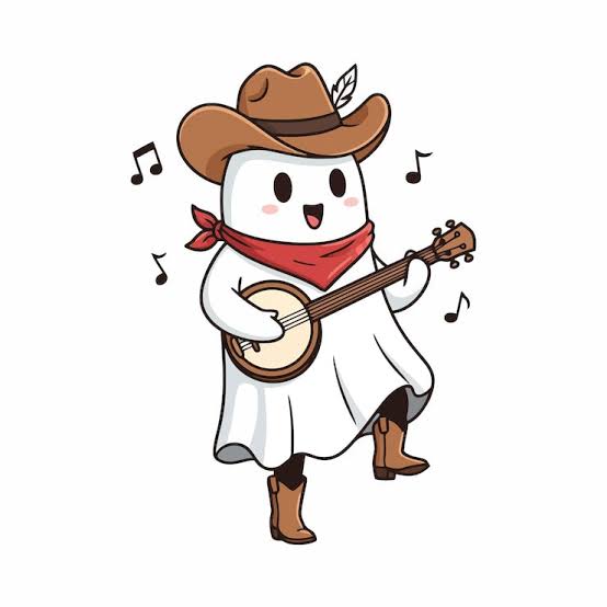 Ghost in a cowboy hat and red bandana playing banjo
